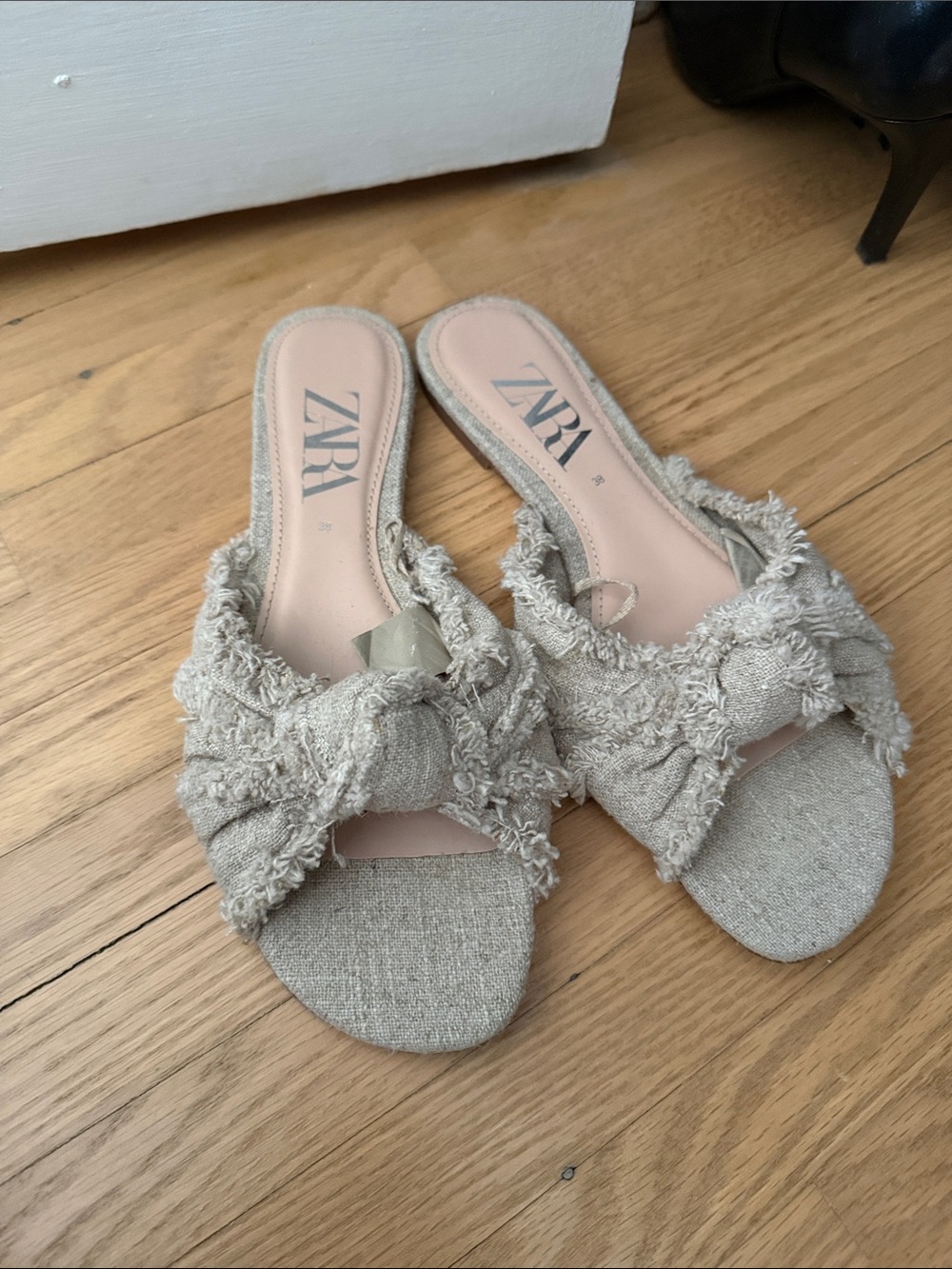 ZARA Frayed Knot Slide Sandals in Light Beige